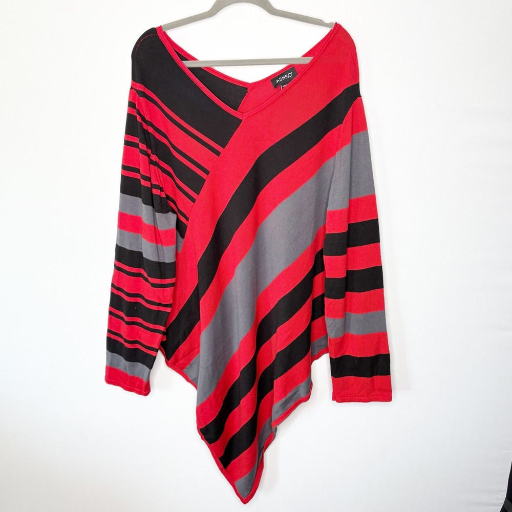 Ashro Womens 2X Red Black Grey Striped Asymmetrical V-Neck Poncho Sweater Top